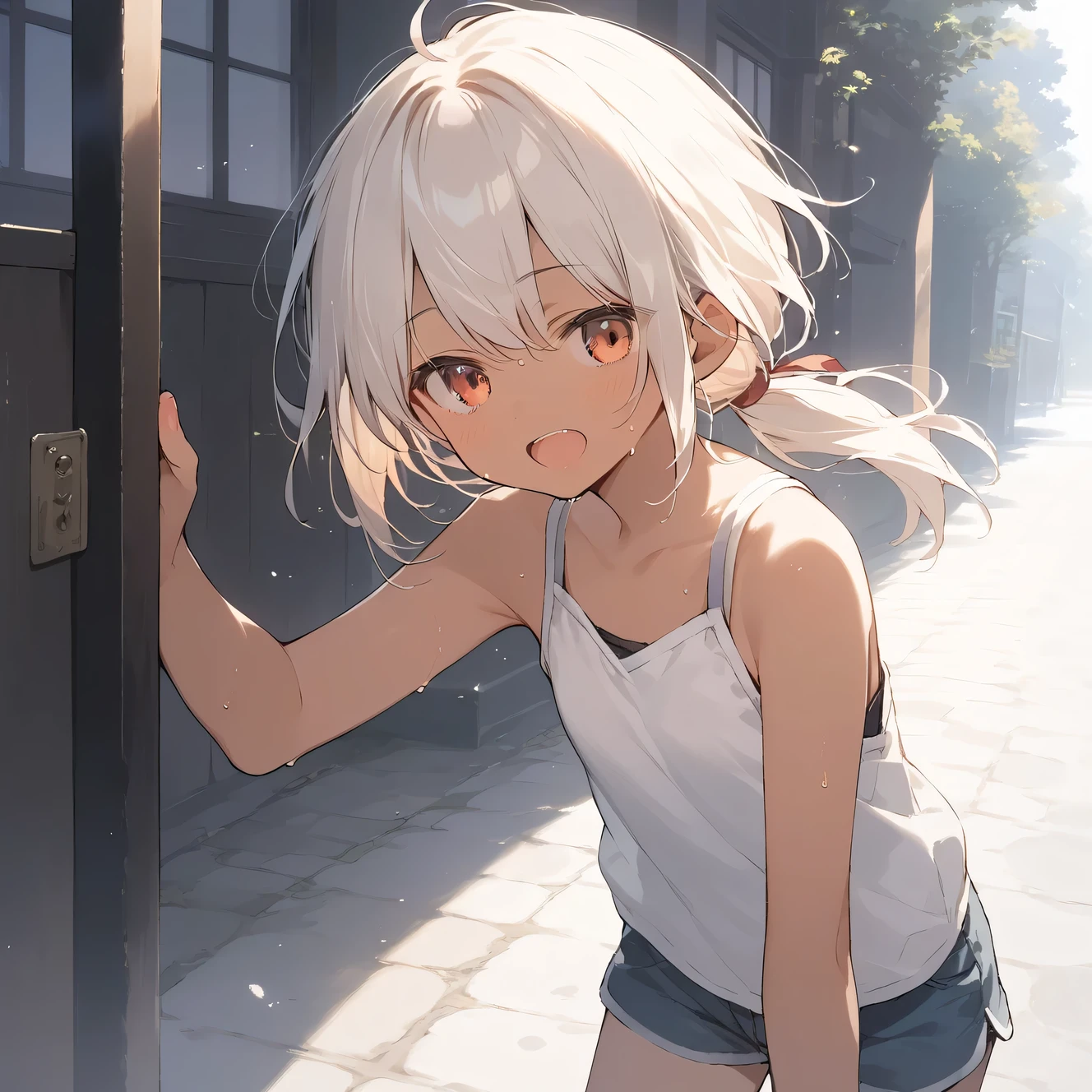 score_9, score_8_up, score_7_up, source_anime, best quality, masterpiece, official art, absurdres, highres, ultra-detailed,waifu2x,Collection: Slice of Life,break,1girl, tomboy, dark-skinned female, short hair, low ponytail, flat chest, beautiful detailed eyes, short shorts, sweat, open mouth, (yawn:0.3), sleepily, outdoors, wind, break,(clear line illustration:1.2),very high resolution, very aesthetic, super detailed skin, Best sexual lighting powered by famous artist, 8k,cute picture,beauty illustration,photoshop_(medium),,(Detailed Lighting),best anime 8k konachan wallpaper, pixiv contest winner,