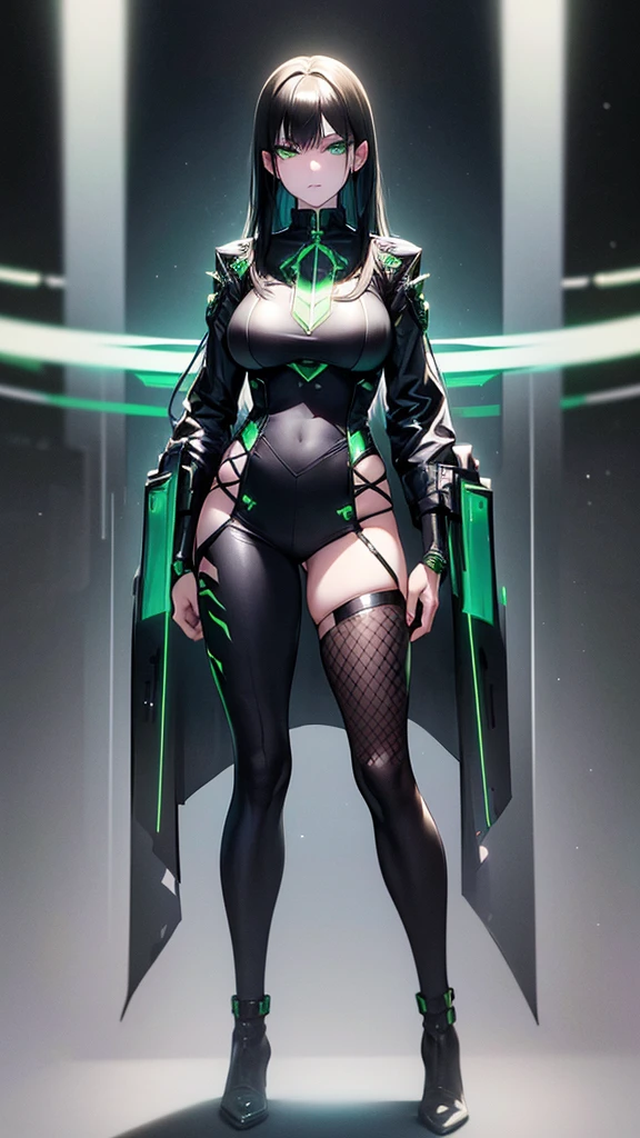 1girl, green hair, yellow eyes, pixie cut, very short hair, smile, breasts, leotard, black leotard, pantyhose, black pantyhose, neon, futuristic, science-fiction, full_body, ((full body)), mature female, hourglass figure, large breasts, machinery, tech, neon trim, sneakers, drone