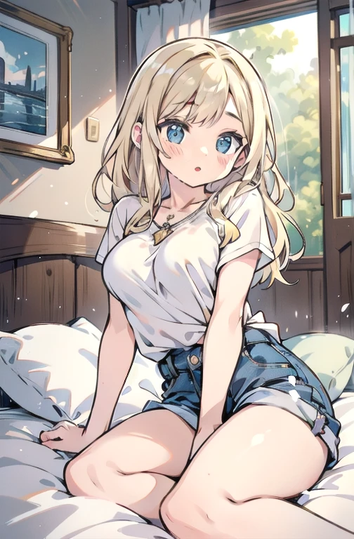 work of art, best qualityer, high resolution, kashiwazaki sena, borboleta_body hair_ornament, blonde body hair, long body hair, breasts big, water eyes, 1 girl, standing alone, bangss,top cut, short jeans, cowboy shot, ssmile, pose sexy, bed-in, bed-inroom, pillow, window, sitting down, sitting down on bed-in, gazing_phi_viewer, neckleace, wide breasts, sensual perfect body