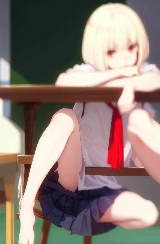 
Random pose、spread your legs、pale chestnut hair、short hair、Red eyes、Red ribbon、Blushing、I can see her pantie-shaped legs、School classroom.
Random pose