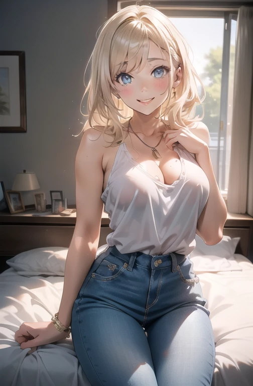 work of art, best qualityer, high resolution, kashiwazaki sena, borboleta_body hair_ornament, blonde body hair, long body hair, breasts big, water eyes, 1 girl, standing alone, bangss,top cut, short jeans, cowboy shot, ssmile, pose sexy, bed-in, bed-inroom, pillow, window, sitting down, sitting down on bed-in, gazing_phi_viewer, neckleace, wide breasts, sensual perfect body