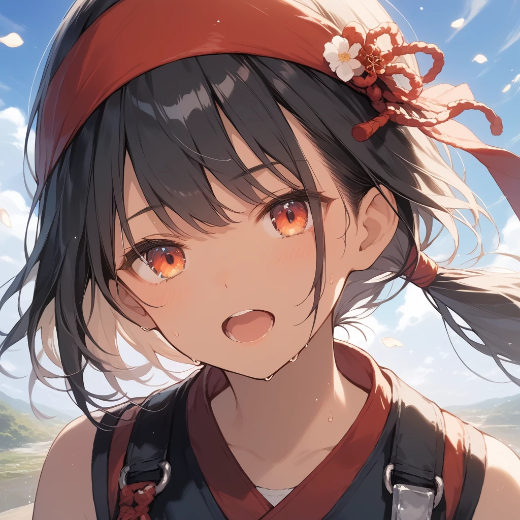 score_9, score_8_up, score_7_up, source_anime, best quality, masterpiece, official art, absurdres, highres, ultra-detailed,waifu2x,Collection: Slice of Life,break,1girl, tomboy, dark-skinned female, short hair, low ponytail, flat chest, beautiful detailed eyes, ninja, sweat, open mouth, (yawn:0.3), sleepily, outdoors, wind, break,(clear line illustration:1.2),very high resolution, very aesthetic, super detailed skin, Best sexual lighting powered by famous artist, 8k,cute picture,beauty illustration,photoshop_(medium),,(Detailed Lighting),best anime 8k konachan wallpaper, pixiv contest winner, 