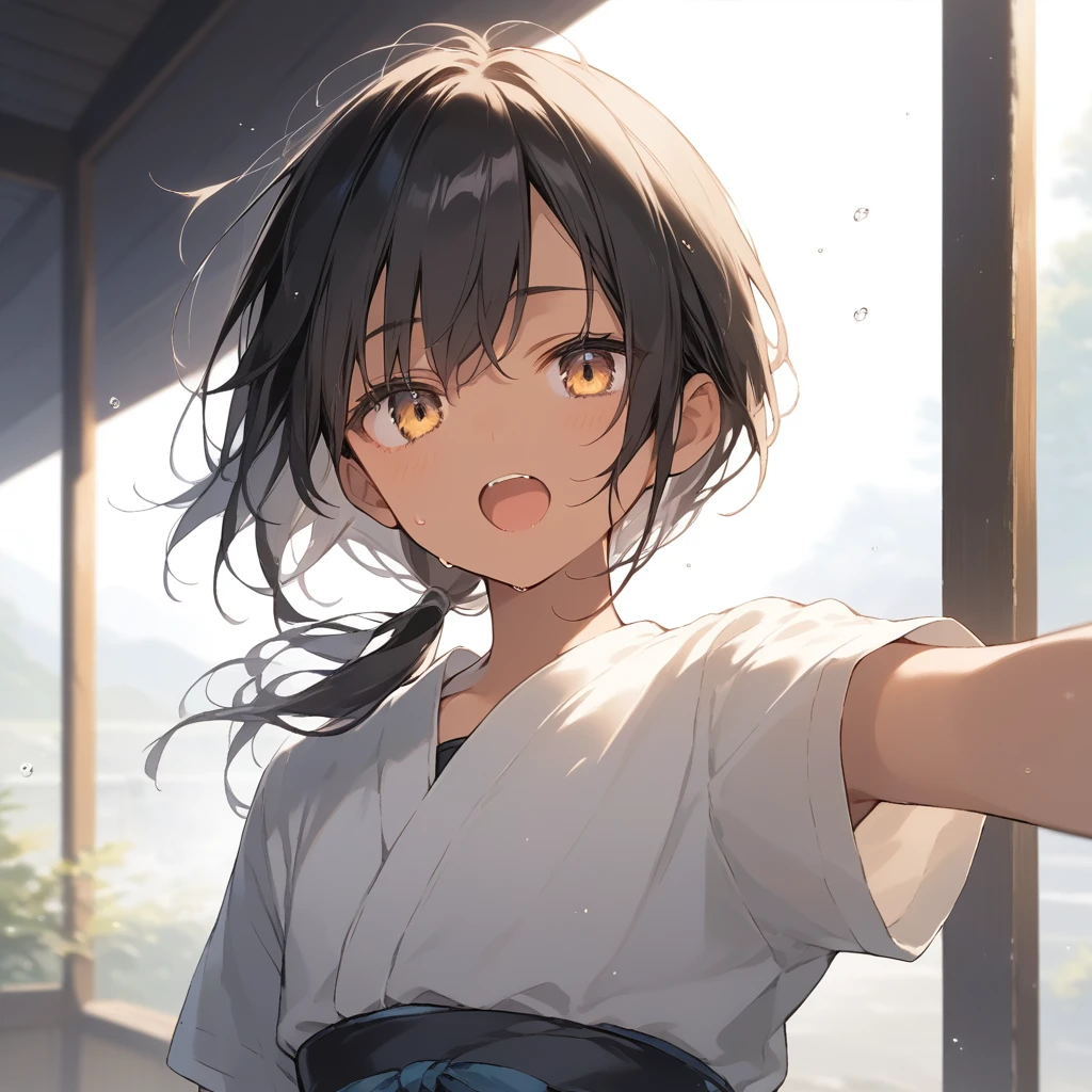 score_9, score_8_up, score_7_up, source_anime, best quality, masterpiece, official art, absurdres, highres, ultra-detailed,waifu2x,Collection: Slice of Life,break,1girl, tomboy, dark-skinned female, short hair, low ponytail, flat chest, beautiful detailed eyes, ninja, sweat, open mouth, (yawn:0.3), sleepily, outdoors, wind, break,(clear line illustration:1.2),very high resolution, very aesthetic, super detailed skin, Best sexual lighting powered by famous artist, 8k,cute picture,beauty illustration,photoshop_(medium),,(Detailed Lighting),best anime 8k konachan wallpaper, pixiv contest winner,