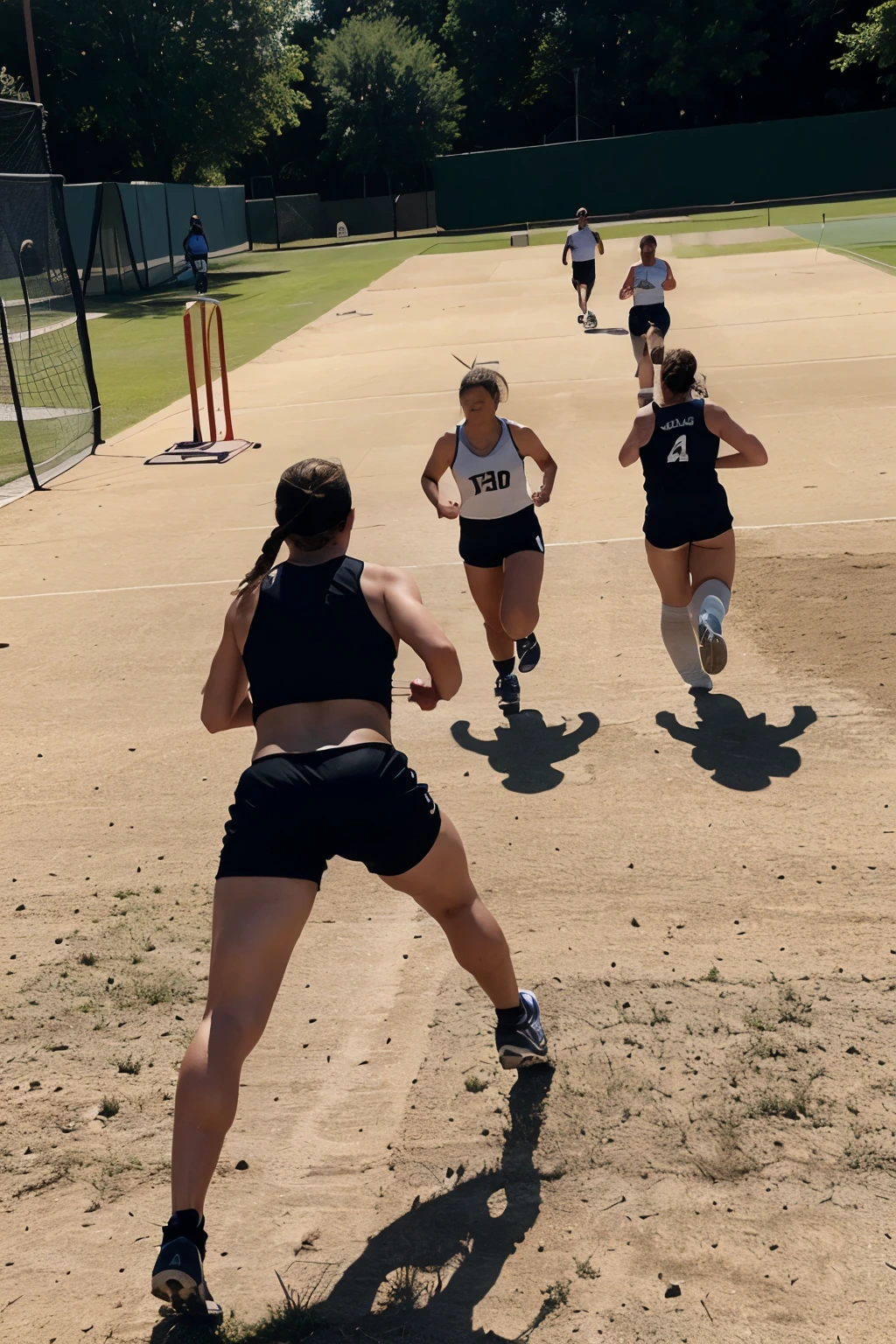 20 people running in terror across a piece of sports equipment with bond sheets in their hands