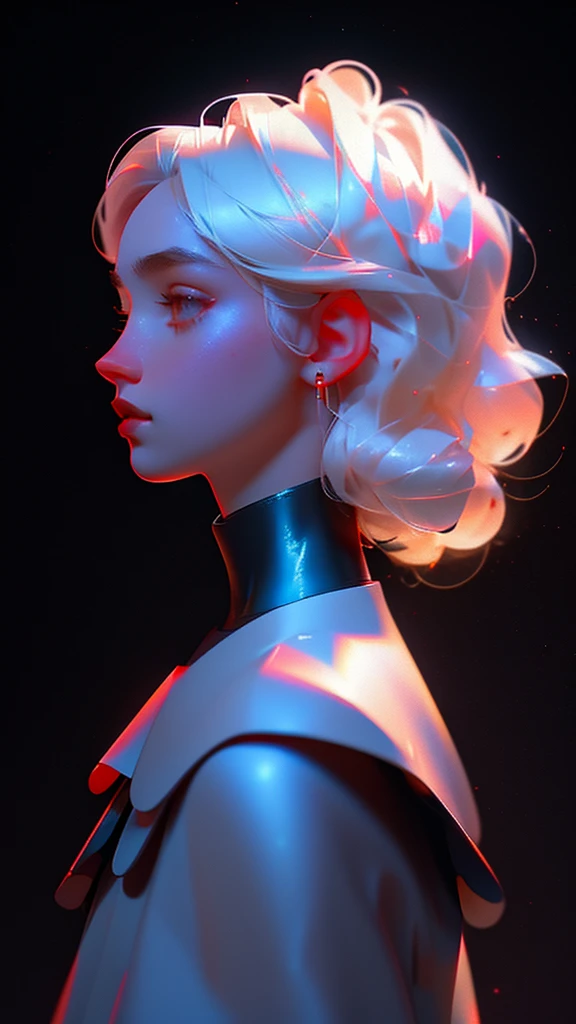 hyper-realistic illustration, The perfect masterpiece, perfect artwork, 8k, (Upper body portrait: 1.5), (((Viewed from the front: 1.2))), lens close-up, delicate face, white hair, (hakuhatsu: 1.3), long hair, long arms, (black background: 1.3), sexy posing, low-cut dress, red and gold dress, pearl illusion, cyberpunk, trend fashion,3s material,high definition,detailed rendering,c4d,3d,octane rendering,ray tracing,complex details,neon lights,animated lighting,OCRenderer,8k