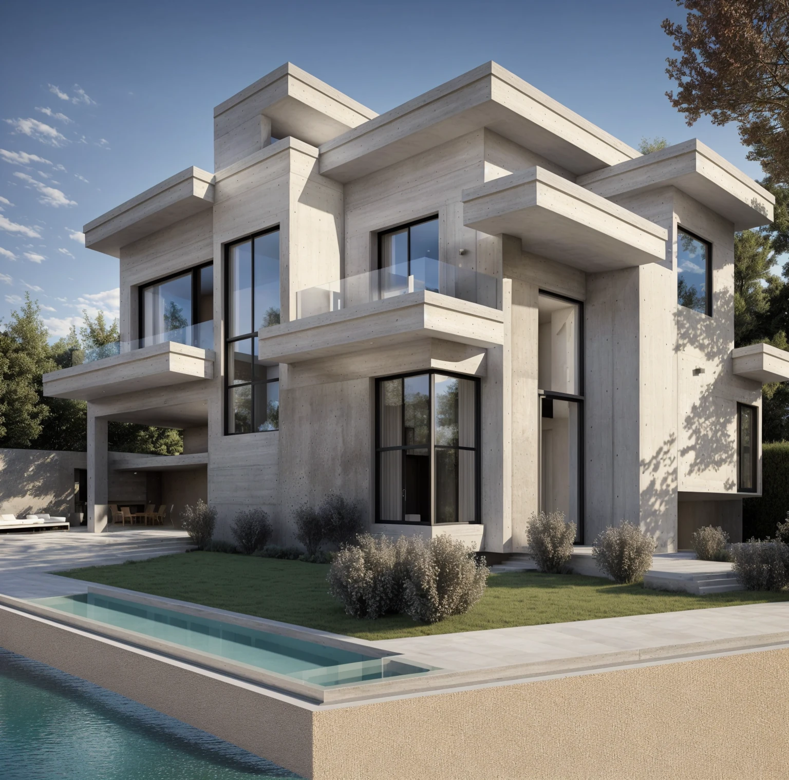 PLATEFORME KTHOUSE, 1 deadly villa, sloping roof, main material of the villa about concrete effect wall:1.4 et, and the stone:1.2, beaucoup de colle blanche:1.4, 1 large courtyard, 1 road passes in front of the house, (Photo brute, real, best quality, head of'artwork:1.2), avoir l'modern and minimalist look, 1 route devant la maison, dynamic lighting:1.3, (hyper realistic, photo-realistic:1.2), High quality, (dark lighting:1.2), perfect lighting, archquotidiennement, no'humain, light at noon, light in the door:1.2