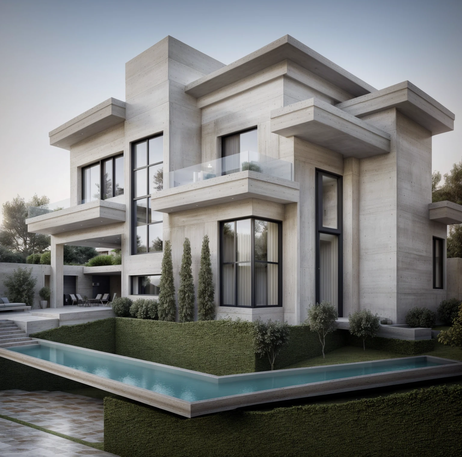 PLATEFORME KTHOUSE, 1 deadly villa, sloping roof, main material of the villa about concrete effect wall:1.4 et, and the stone:1.2, beaucoup de colle blanche:1.4, 1 large courtyard, 1 road passes in front of the house, (Photo brute, real, best quality, head of'artwork:1.2), avoir l'modern and minimalist look, 1 route devant la maison, dynamic lighting:1.3, (hyper realistic, photo-realistic:1.2), High quality, (dark lighting:1.2), perfect lighting, archquotidiennement, no'humain, light at noon, light in the door:1.2