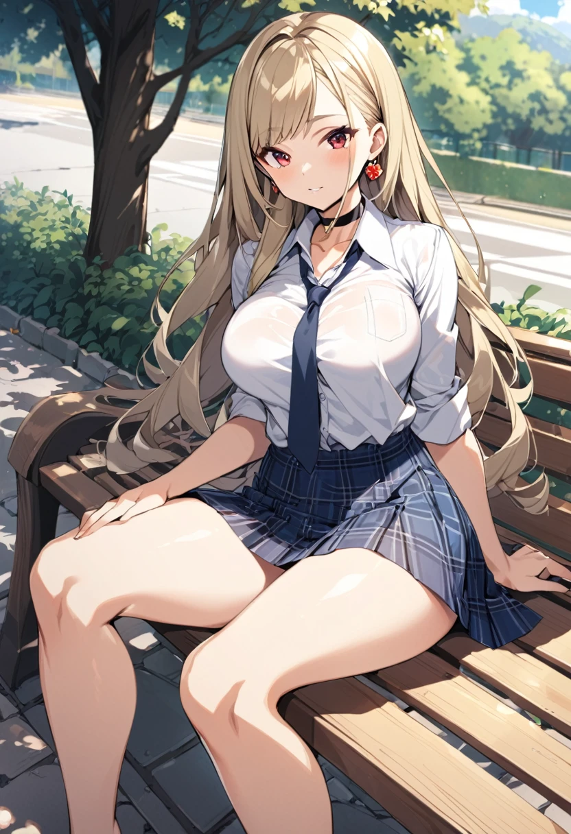 a sexy anime woman that is nude posing on a bench with her butt visible, 1girl, kitagawa marin, blonde hair, solo, breasts, skirt, underwear, jewelry, panties, earrings, necktie, long hair, black panties, , shirt, white shirt, looking at viewer, choker, sitting, large breasts, plaid skirt, outdoors, bangs, blue skirt, plaid, red eyes