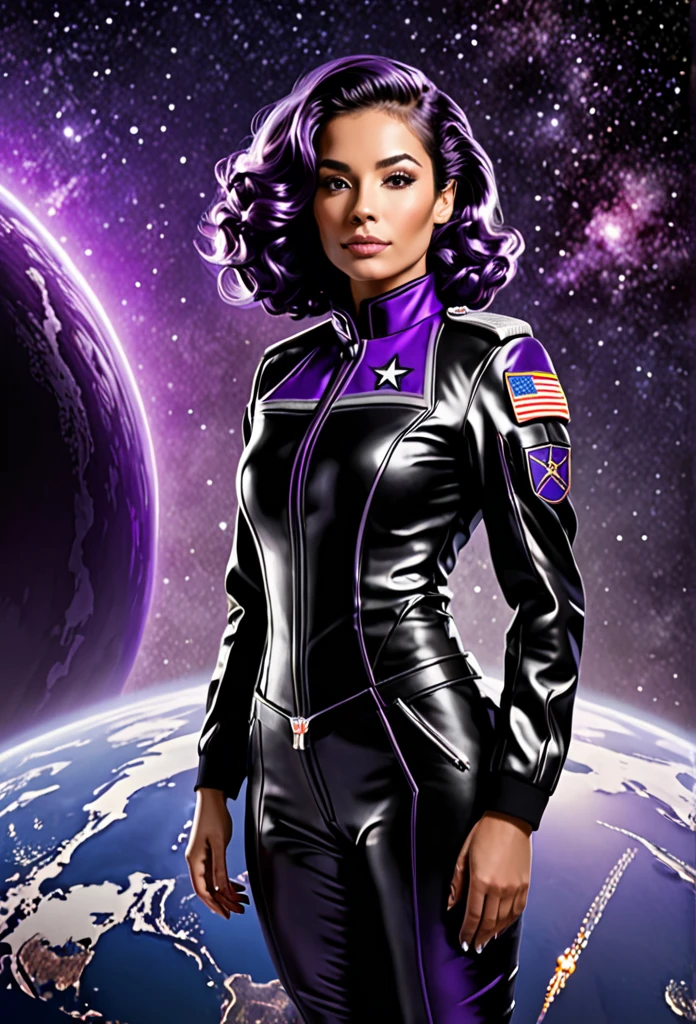 Une femme militaire en uniforme noir et argent avec les cheveux violet sur une planète semblable à la terre.