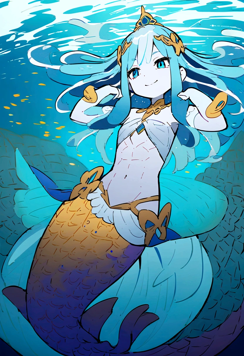 Mermaid Girl、Highest quality、masterpiece、alone、White skin、Tentacle Hair、Light blue hair、Toned Abs、toned body、Muscular、smile、In the water、Anime Style