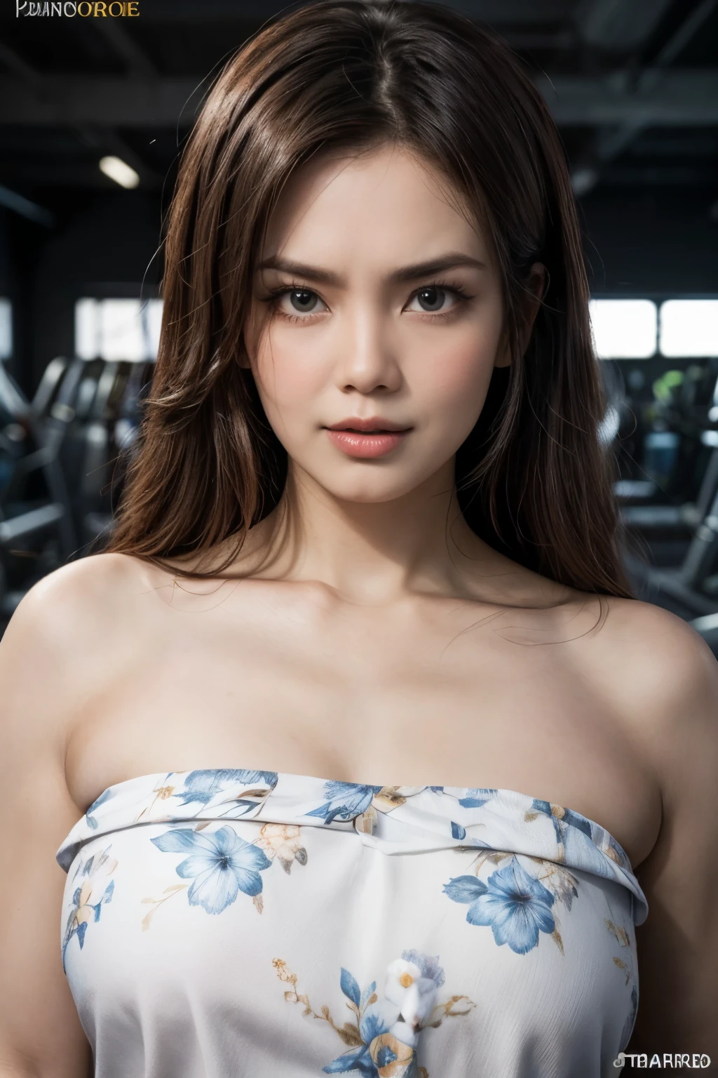 ((Half Body Portrait)), Transparent, ((Gigantic tits:1)), (dynamic photograph of a 58 year old Indonesian woman), (slim top, cotton panties), (straight non curly hair), (highly detailed face:1.4), (vascular muscles and abs:1.3), (background inside light, bright, private gym:1.1), (8k, uhd, dslr, high quality, cinematic lighting, bokeh), (dramatic, award winning photography, incredible masterpiece:1.3), (((sexy sultry stare at camera:0.8))), ((she is ready to dominate you:0.5)), ((beautiful feminine face)), add_detail:1, ((Colourful strapless floral pattern))
