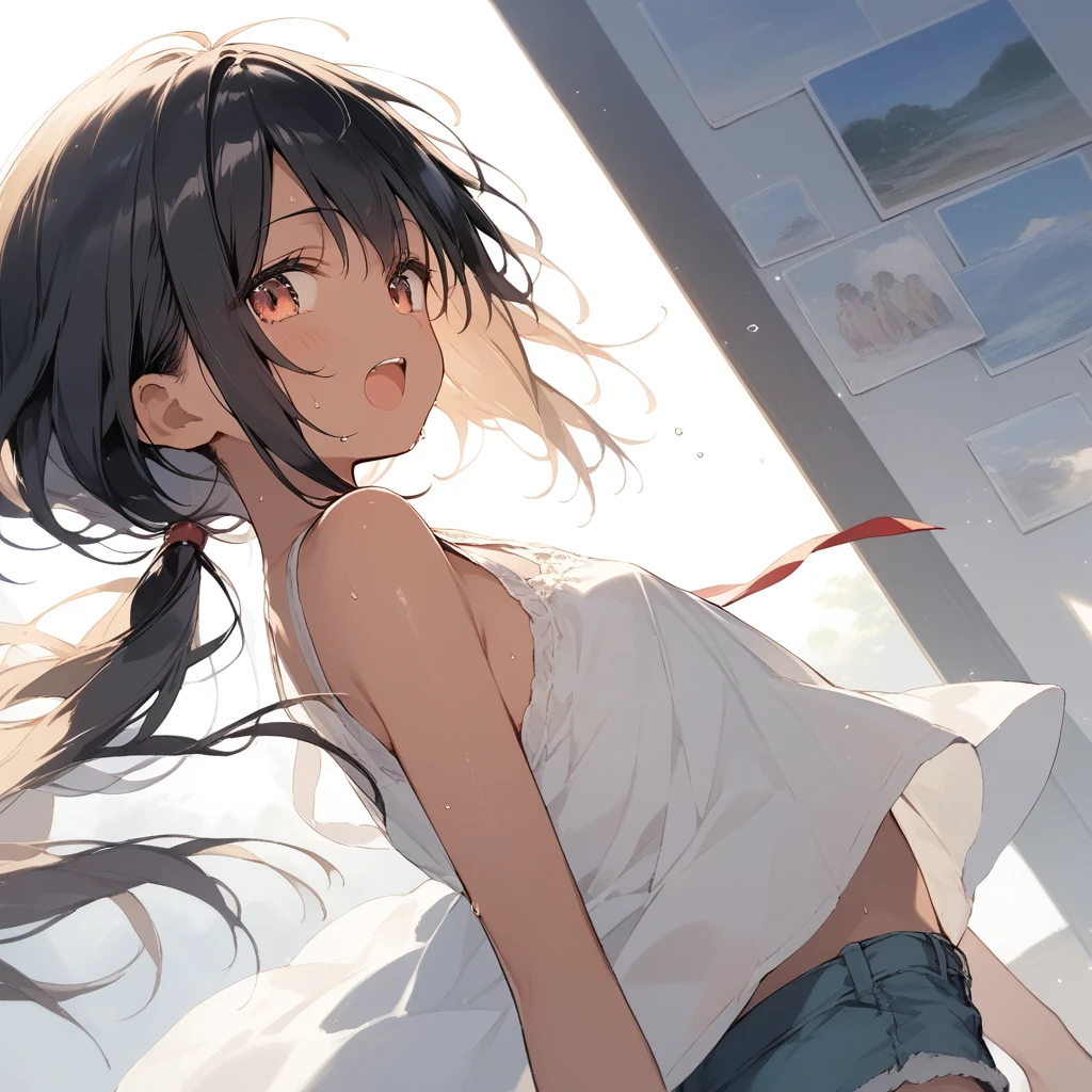 score_9, score_8_up, score_7_up, source_anime, best quality, masterpiece, official art, absurdres, highres, ultra-detailed,waifu2x,Collection: Slice of Life,break,1girl, tomboy, dark-skinned female, short hair, low ponytail, flat chest, beautiful detailed eyes, short shorts, sweat, open mouth, (yawn:0.3), sleepily, outdoors, wind, break,(clear line illustration:1.2),very high resolution, very aesthetic, super detailed skin, Best sexual lighting powered by famous artist, 8k,cute picture,beauty illustration,photoshop_(medium),,(Detailed Lighting),best anime 8k konachan wallpaper, pixiv contest winner,