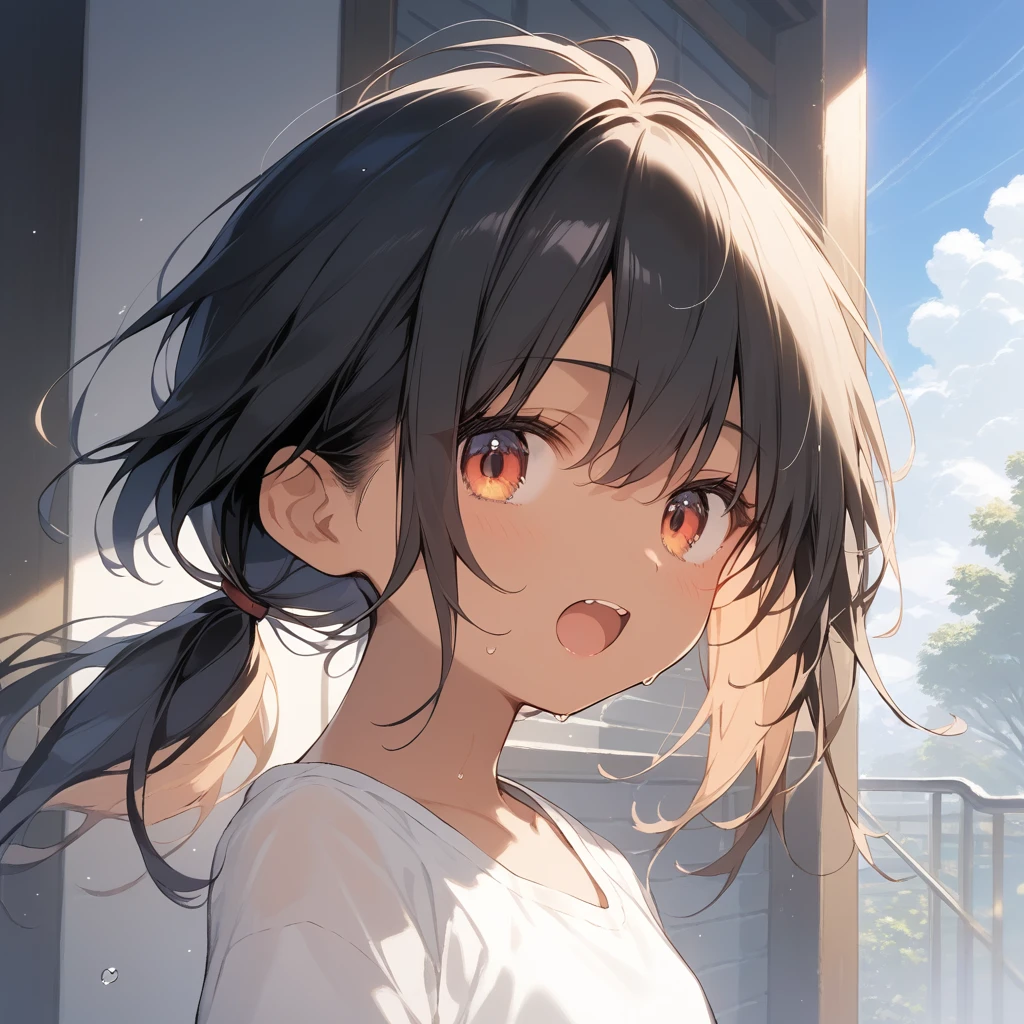 score_9, score_8_up, score_7_up, source_anime, best quality, masterpiece, official art, absurdres, highres, ultra-detailed,waifu2x,Collection: Slice of Life,break,1girl, tomboy, dark-skinned female, short hair, low ponytail, flat chest, beautiful detailed eyes, short shorts, sweat, open mouth, (yawn:0.3), sleepily, outdoors, wind, break,(clear line illustration:1.2),very high resolution, very aesthetic, super detailed skin, Best sexual lighting powered by famous artist, 8k,cute picture,beauty illustration,photoshop_(medium),,(Detailed Lighting),best anime 8k konachan wallpaper, pixiv contest winner, 