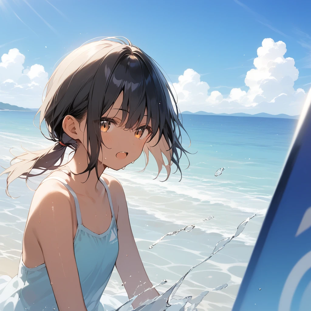 score_9, score_8_up, score_7_up, source_anime, best quality, masterpiece, official art, absurdres, highres, ultra-detailed,waifu2x,Collection: Slice of Life,break,1girl, tomboy, dark-skinned female, short hair, low ponytail, flat chest, beautiful detailed eyes, swimsuit, sweat, open mouth, (yawn:0.3), sleepily, ocean, outdoors, wind, break,(clear line illustration:1.2),very high resolution, very aesthetic, super detailed skin, Best sexual lighting powered by famous artist, 8k,cute picture,beauty illustration,photoshop_(medium),,(Detailed Lighting),best anime 8k konachan wallpaper, pixiv contest winner,