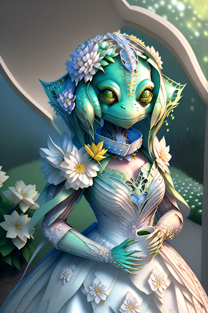 fantchar, an adorable yellow frog creature wearing a white dress and flowers in her hair and holding a cup of coffee in a lush garden, humanoid, artistic, intricate, Very detailed, CG, 3D, printed flower dress 