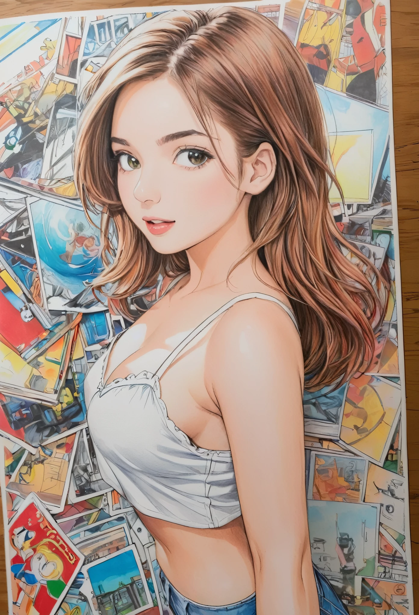 female,short camisole,white,Art,ad,colour pencil drawing,draft drawing ,comic collage
