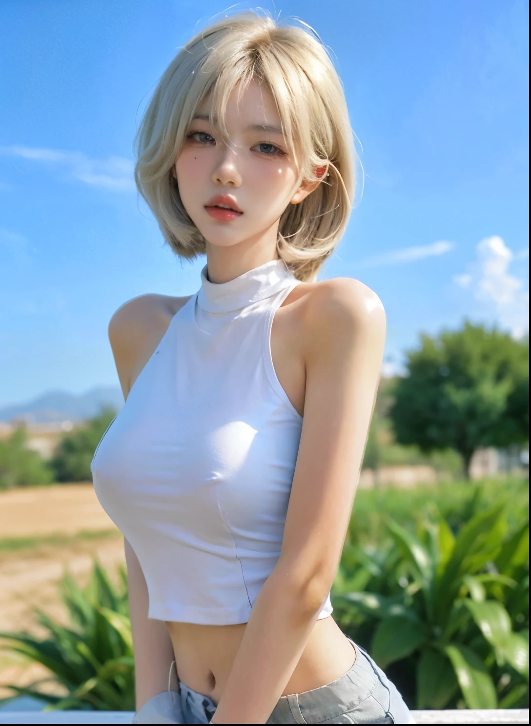 Beautiful woman with perfect figure:1.4,Desert Background,Desert Background,Ultra-high resolution,Seductive laughter,wear glasses,(lifelike:1.4),Layered Hairstyle,White皮肤,Super short pleated skirt,whole body,Very delicate face and skin texture,Double eyelids,Skin Whitening,Long hair,White hair,White,
