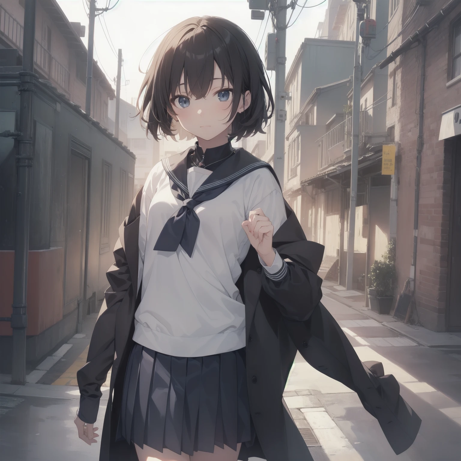 ultra-absurdres-Top quality by artist God, ultra-detailed, high resolution, anime moe artstyle, best anime 8k konachan wallpaper, pixiv contest winner, pool:2810, perfect anatomy,break, 1girl, (Please draw a girl walking sleepily to school alone. )break,(Solo,little female, 13-year-old:1.3),Full limbs, complete fingers,a junior high school student, (very short hair), short cut, flat chest, , small butt, small black eyes, beautiful detailed eyes, well-proportioned iris and pupils, expressive eyes, highres detailed hair, soft expression, salor school_uniform, sailor collar, serahuku, bow, pleated skirt,(Detailed Lighting), (Detailed background), in the School commute route. break,super detailed skin, Best cinematic lighting powered by famous artist, 8k,beauty illustration,photoshop_(medium),very aesthetic,break,((artist:sincos )), artist:clamp ,artist:carnelian ,artist:kantoku ,