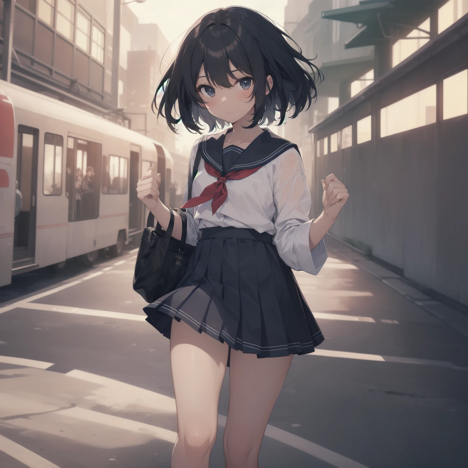 ultra-absurdres-Top quality by artist God, ultra-detailed, high resolution, anime moe artstyle, best anime 8k konachan wallpaper, pixiv contest winner, pool:2810, perfect anatomy,break, 1girl, (Please draw a girl walking sleepily to school alone. )break,(Solo,little female, 13-year-old:1.3),Full limbs, complete fingers,a junior high school student, (very short hair), short cut, flat chest, , small butt, small black eyes, beautiful detailed eyes, well-proportioned iris and pupils, expressive eyes, highres detailed hair, soft expression, salor school_uniform, sailor collar, serahuku, bow, pleated skirt,(Detailed Lighting), (Detailed background), in the School commute route. break,super detailed skin, Best cinematic lighting powered by famous artist, 8k,beauty illustration,photoshop_(medium),very aesthetic,break,((artist:takafumi )), artist:clamp ,artist:carnelian ,artist:kantoku ,