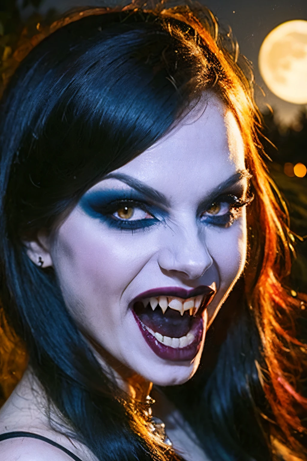 Generate a hyper-realistic image that employs the shallow depth of field technique, Head and sholders portrait to highlight a pretty goth (((vampire))) girl, ((open mouth with vampire canine teeth)) , perfect teeth, wearing a gothic dress, ((cut hair with fringe)), tattooed, ((heavy makeup)) , at ((night in a creepy cemitery)) setting, (((under the moonlight))). The girl should be the focal point, with crisp clarity, while the background of the forest should be gently blurred to create a bokeh effect. (((black roses In the foreground))) should be visible but blurred, adding depth to the composition.", adding depth to the composition. Sony Alpha A7R III, macros lens , f/5.6. ((Cinematic purple and pink Lighting)) .