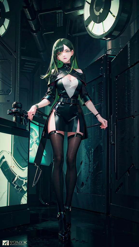 masterpiece, highest quality, (solo focus), (perfect face:1.1), (full body), (high detail:1.1), (hyper-detailed eyes), dramatic, a woman with pale skin and voluminous dark green-black hair, green eyes, solo, two-toned hair, arrogant expression, cybernetic outfit, cyberpunk, art by artgerm, cinematic lighting, fashion, BalenciagaStyle