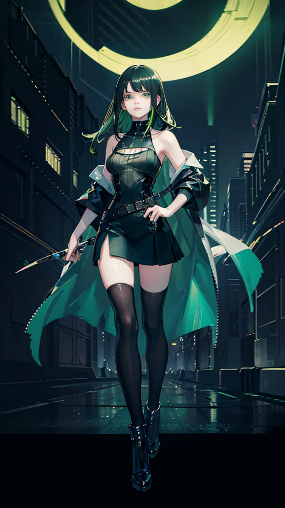 masterpiece, highest quality, (solo focus), (perfect face:1.1), (full body), (high detail:1.1), (hyper-detailed eyes), dramatic, a woman with pale skin and voluminous dark green-black hair, green eyes, solo, two-toned hair, arrogant expression, cybernetic outfit, cyberpunk, art by artgerm, cinematic lighting, fashion, BalenciagaStyle