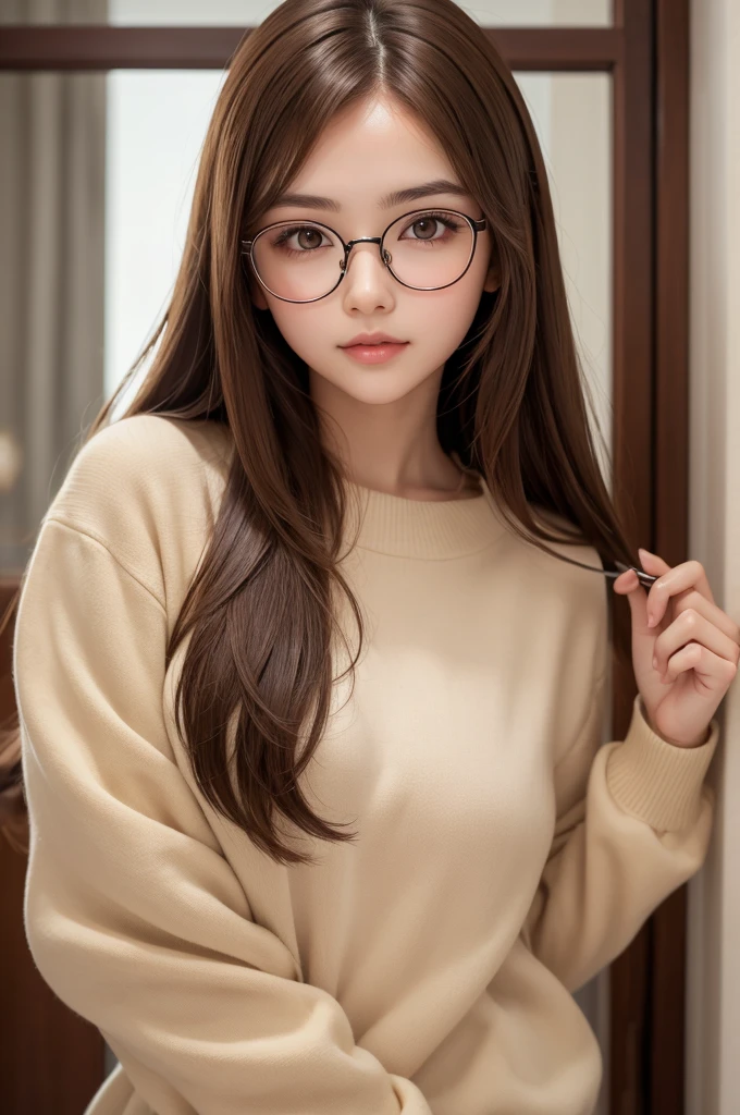 A perfect girl with brown hair, brown eyes and light beige skin wearing round glasses
