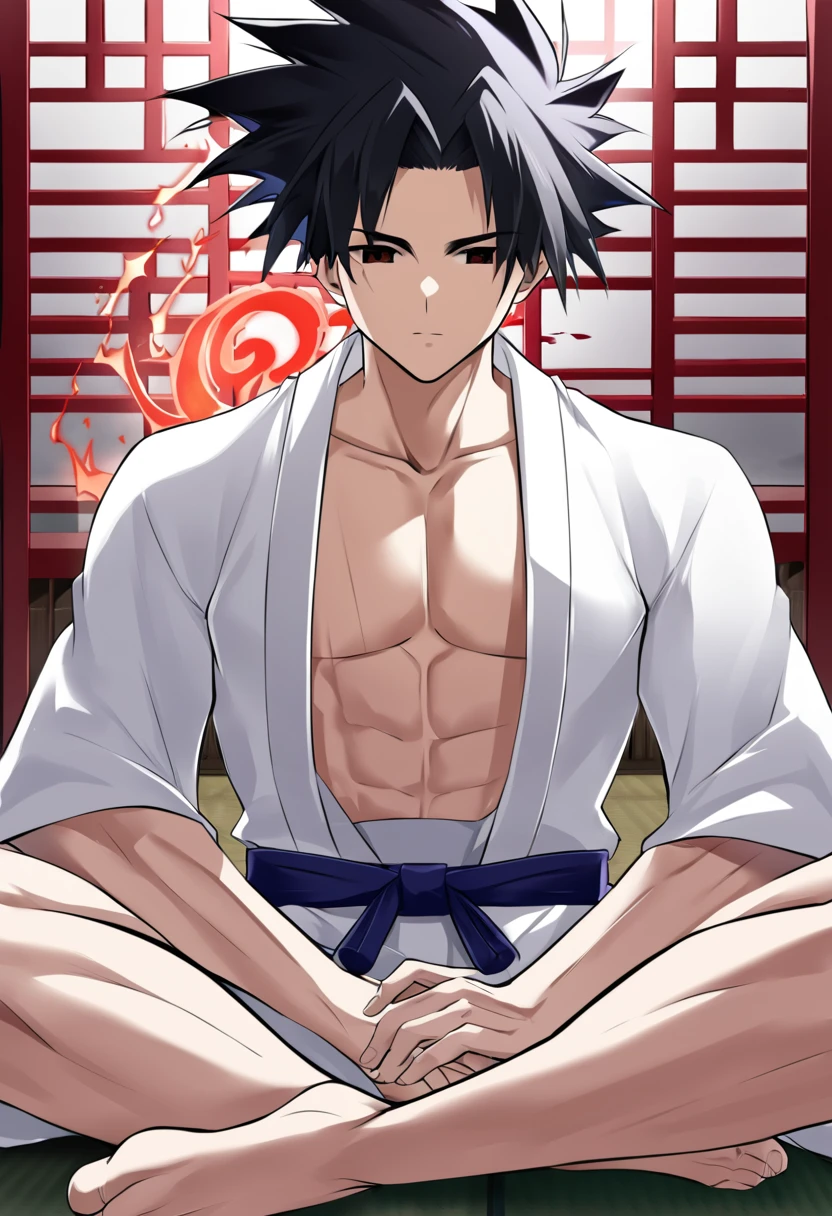 1boy, male focus, ponyzeldris, black hair, short hair, spiked hair, black eyes, red eyes, empty eyes,muscle, wearing white kimono with blue parts, sitting at the the dojo, dojo background, focused expression,closed eyes, Crossed legs, red cursed energy aura around the body