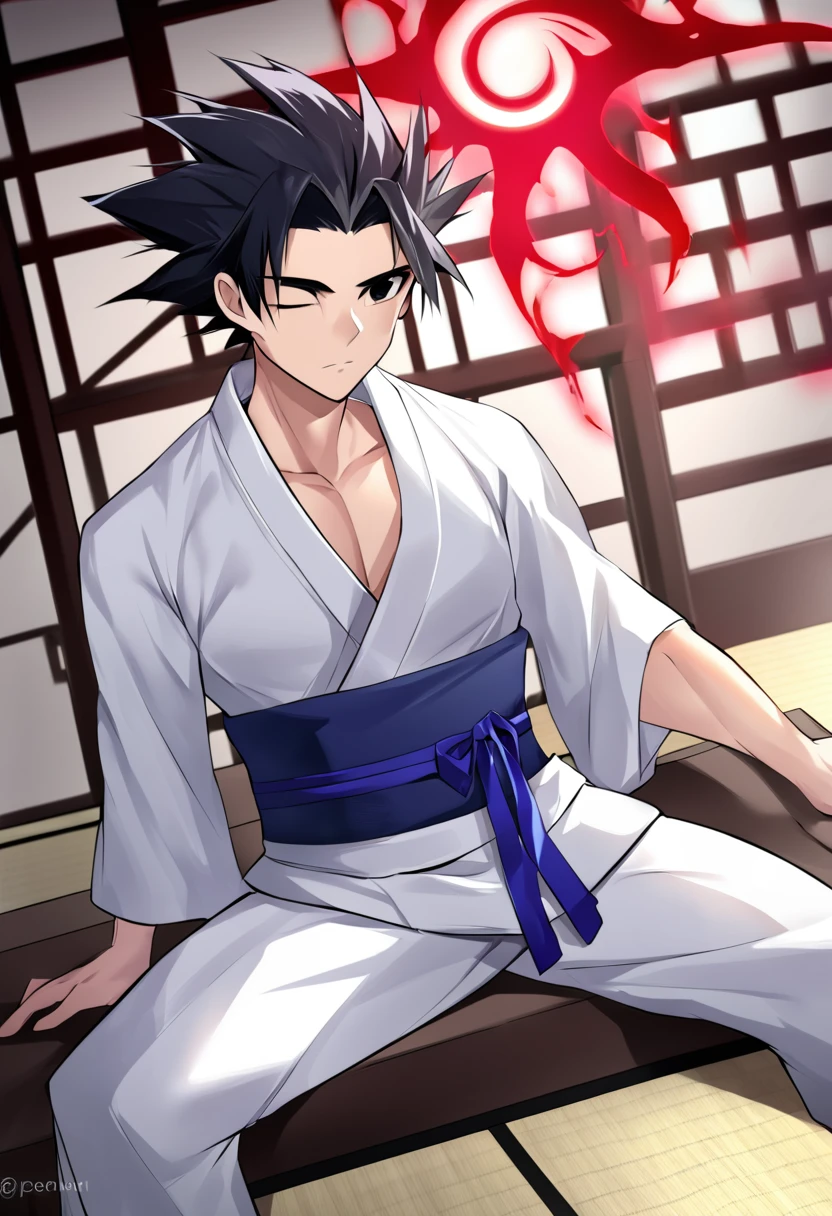 1boy, male focus, ponyzeldris, black hair, short hair, spiked hair, black eyes, red eyes, empty eyes,muscle, wearing white kimono with blue parts, sitting at the the dojo, dojo background, focused expression,closed eyes, Crossed legs, red cursed energy aura around the body