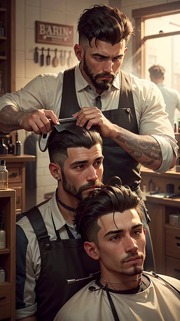 A man getting a haircut in a traditional barber shop,
