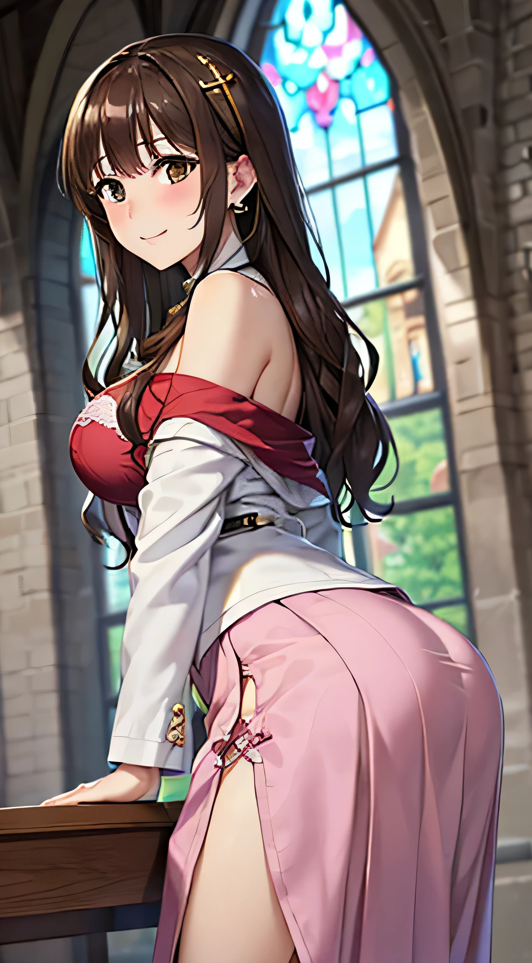 ((Tabletop, Highest quality, High resolution, , Pixel Perfect, 4K,))), 1 female, 、The whole body is visible、 ((Long Wavy Hair, bangs, Brown Hair)), ((Brown eyes, Beautiful eyelashes, Realistic eyes)), ((Detailed face, Blushing:1.2)), ((Smooth texture:0.75, Realistic texture:0.65, Realistic:1.1, Anime CG Style)), Medium sized breasts, Dynamic Angle, Perfect body, (( , , Beautiful Priest、、 Priest off-shoulder jacket、Priest Flare Skirt、、)), Gold Hair Ornament、Cross Necklace、Earrings、Very embarrassing panic smile, 、Gorgeous church basilica、、Hold a big Bible、Leaning forward、Stick your butt out、Lacy pink bra、、、、、 、Angle from below)、