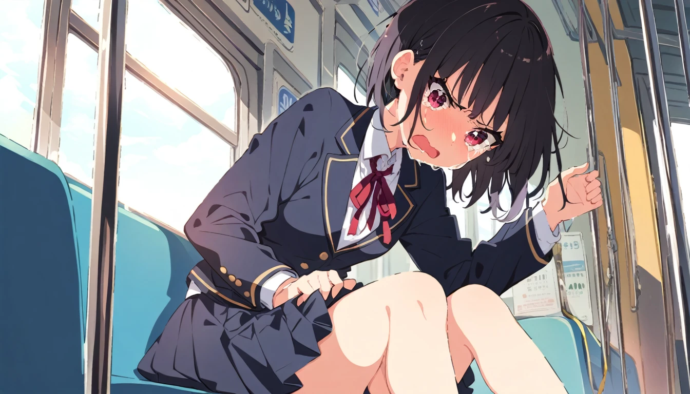 A girl with short black hair and small breasts in a blazer uniform is crying in disgust as a molester rubs her pubic mound over her panties on a train