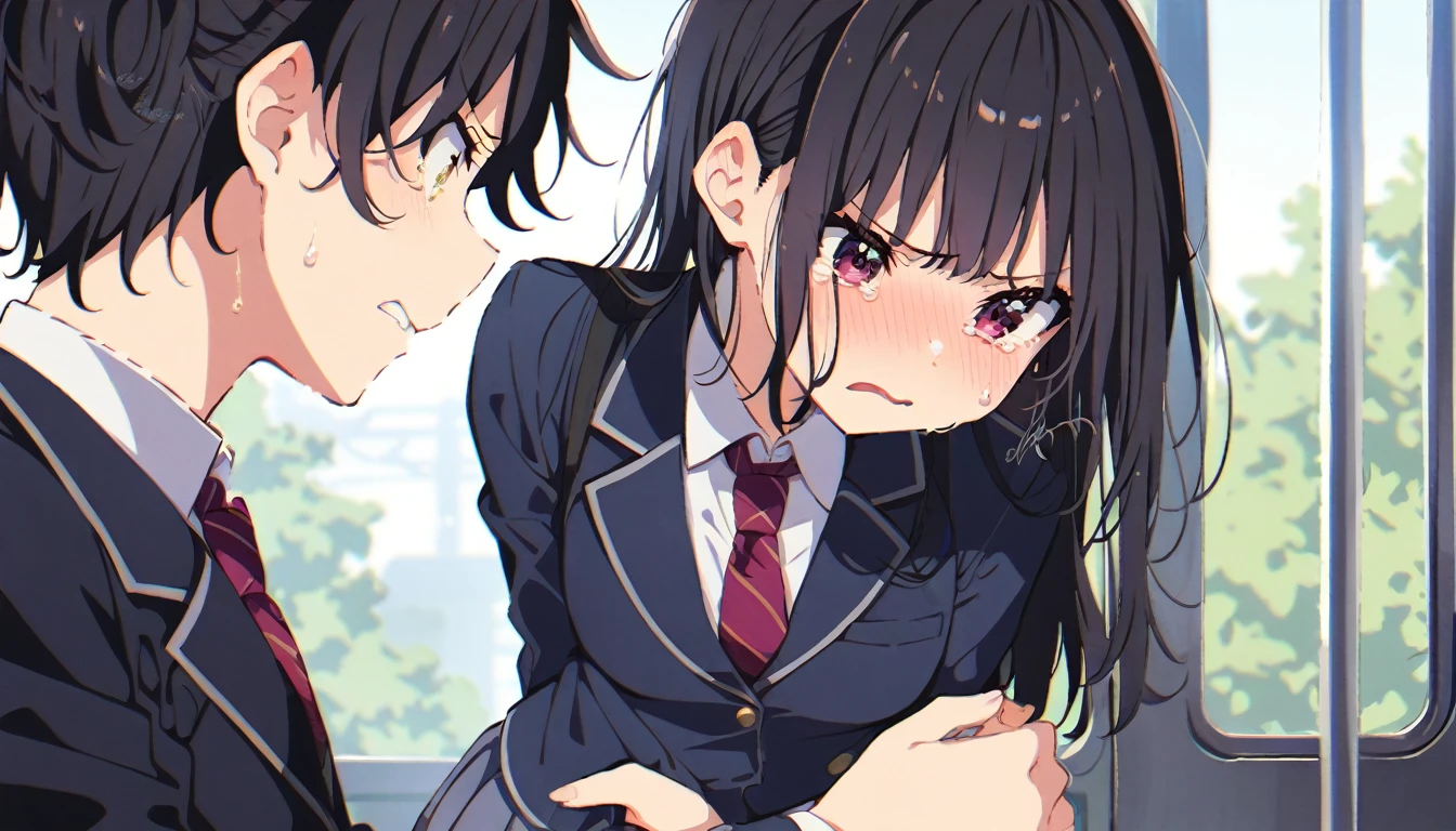 NSFW,masterpiece,Highest quality,High resolution,Super detailed,Yukinoshita Yukino\(My Youth Romantic Comedy is Wrong as Expected\),Black Hair,Long Hair,Light blue eyes,uniform,mini skirt,High quality lace open crotch panties,Small breasts,Dissatisfied face,Embarrassed,blush,Inside the train,(Middle-aged men),(Being molested),Being touched,Being fingered