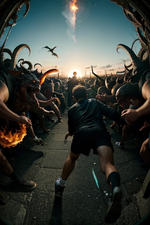 Angle of shooting hight fish eye shot of young a boy running towards the the viewer Disruption and looking behind him at a lot of demons and monsters running, seeking for him