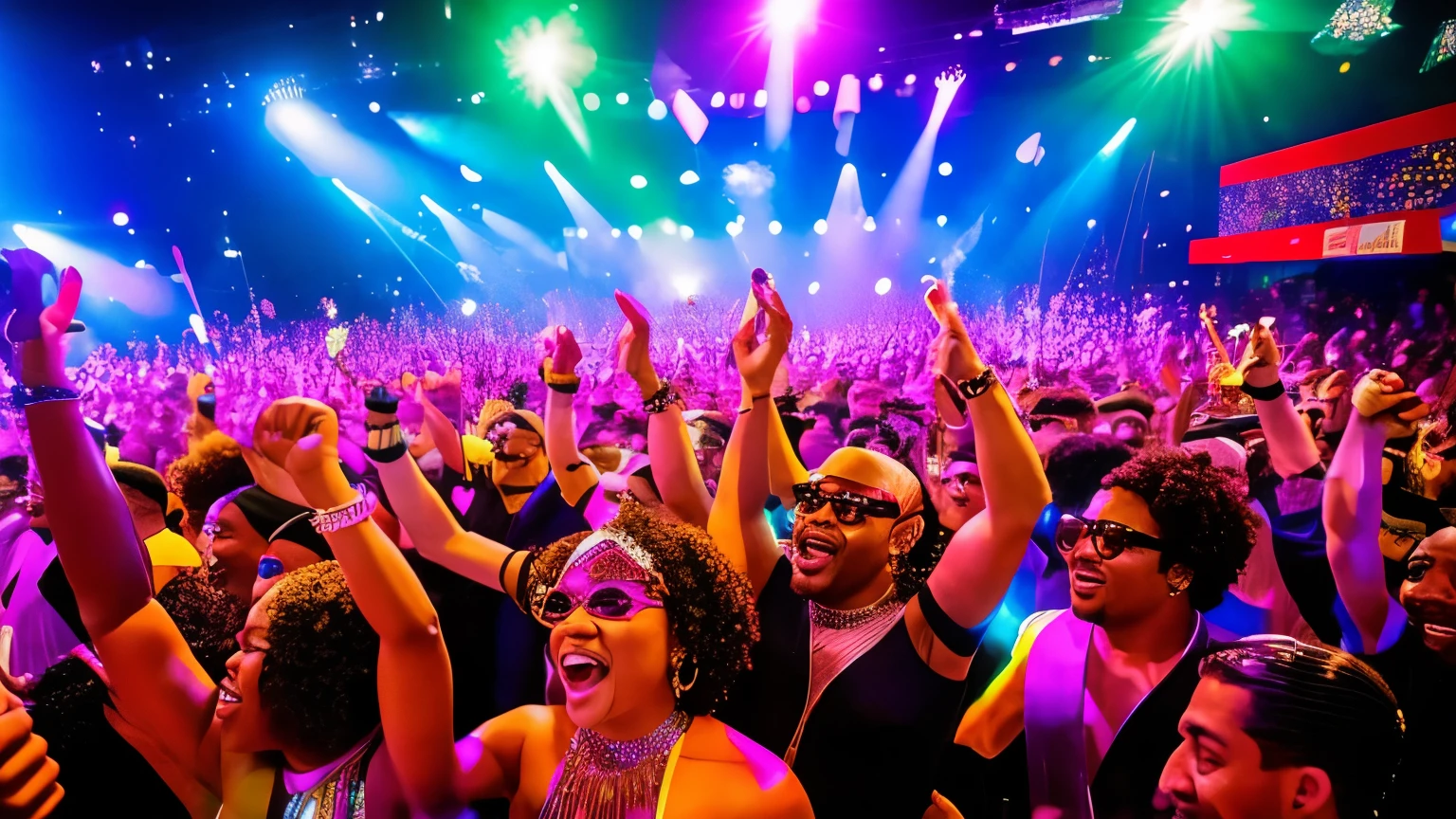 Celebratory Atmosphere: People of all ages, ethnicities and styles mix in an atmosphere of celebration and freedom, capturing the essence of the disco era.