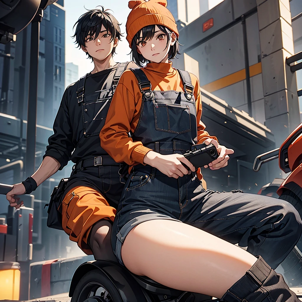 orange knit hat、Black Hair、Short Hair、Black and orange eyes、Blue overalls、Orange long sleeve shirt、Have a game controller、male、