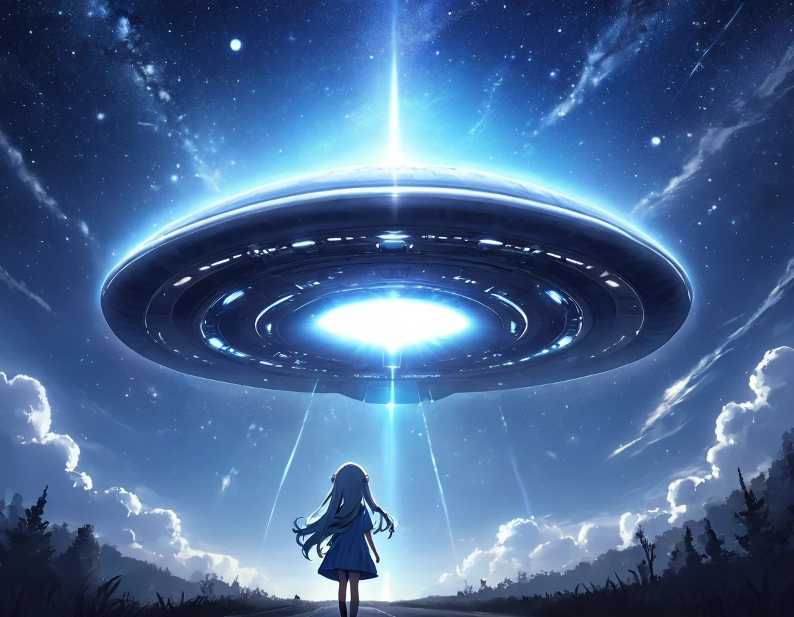 Light blue long hair、Twin-tailed Girl、T-shirt and jeans、Dark Eyes、Scary face、A large unidentified flying object (UFO) is flying、Aliens descended from a UFO、Girl with alien、A shining light from the UFO、Starry Sky、Moonlit Night、milky way、Aliens have appeared