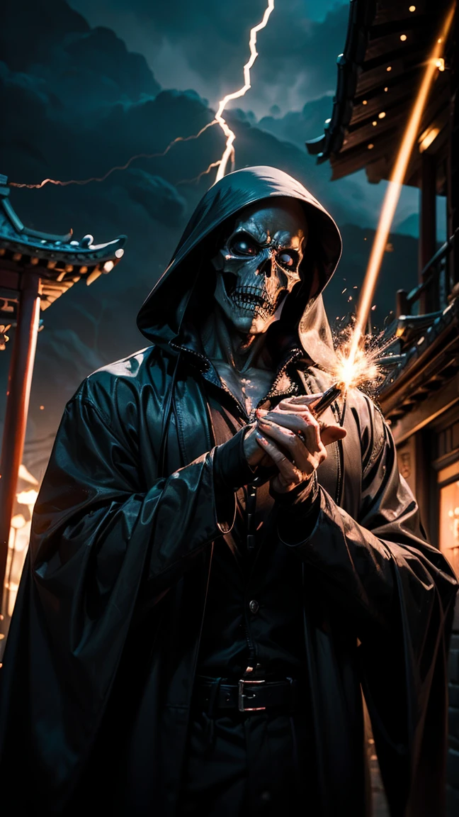 ((grim Reaper)) , ((a muscular grim Reaper dressed in black)), platinum blond hair, casting a powerfull spell, dramatic ball lightning between hands, dragon background, ancient chinese temple, highly detailed, photography, ultra sharp, film, bokeh, professional, 64k,Bust Shot:1.5