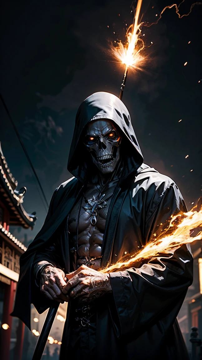 ((grim Reaper)) , ((a muscular grim Reaper dressed in black)), platinum blond hair, casting a powerfull spell, dramatic ball lightning between hands, dragon background, ancient chinese temple, highly detailed, photography, ultra sharp, film, bokeh, professional, 64k,Bust Shot:1.5