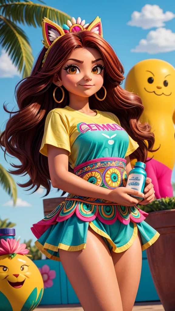 Create a friendly and professional mascot image for Ceplum, a specialized store for women's hair care products in Mexico. This mascot will be used on the store's banner. The mascot should embody Mexican femininity with elements like colorful floral patterns or traditional Mexican jewelry, and wear a t-shirt with "Ceplum" clearly written on it. She should be a confident and welcoming female feather, holding a small jar of hair cream or a bottle of hair serum. Use vibrant colors inspired by Mexican culture, such as deep reds, bright yellows, and turquoise. Ensure the mascot's pose and expression are dynamic, inviting, and professional, designed to attract customers and encourage them to explore Ceplum's products without any sensual undertones.