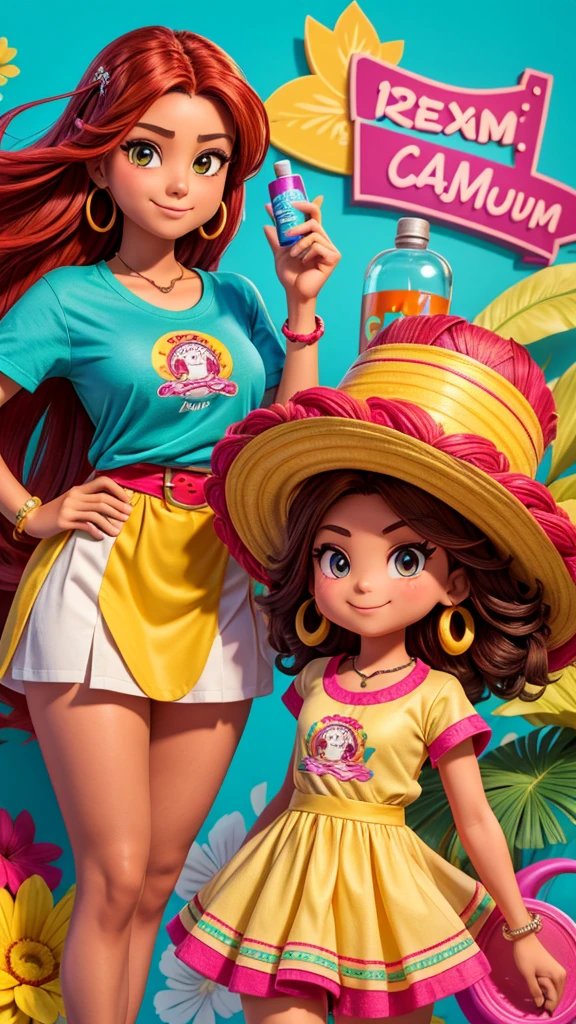 Create a friendly and professional mascot image for Ceplum, a specialized store for women's hair care products in Mexico. This mascot will be used on the store's banner. The mascot should embody Mexican femininity with elements like colorful floral patterns or traditional Mexican jewelry, and wear a t-shirt with "Ceplum" clearly written on it. She should be a confident and welcoming female feather, holding a small jar of hair cream or a bottle of hair serum. Use vibrant colors inspired by Mexican culture, such as deep reds, bright yellows, and turquoise. Ensure the mascot's pose and expression are dynamic, inviting, and professional, designed to attract customers and encourage them to explore Ceplum's products without any sensual undertones.