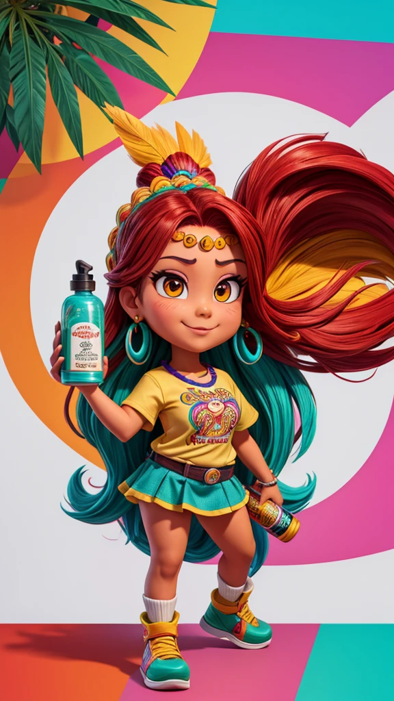 Create a friendly and professional mascot image for Ceplum, a specialized store for women's hair care products in Mexico. This mascot will be used on the store's banner. The mascot should embody Mexican femininity with elements like colorful floral patterns or traditional Mexican jewelry, and wear a t-shirt with "Ceplum" clearly written on it. She should be a confident and welcoming female feather, holding a small jar of hair cream or a bottle of hair serum. Use vibrant colors inspired by Mexican culture, such as deep reds, bright yellows, and turquoise. Ensure the mascot's pose and expression are dynamic, inviting, and professional, designed to attract customers and encourage them to explore Ceplum's products without any sensual undertones.