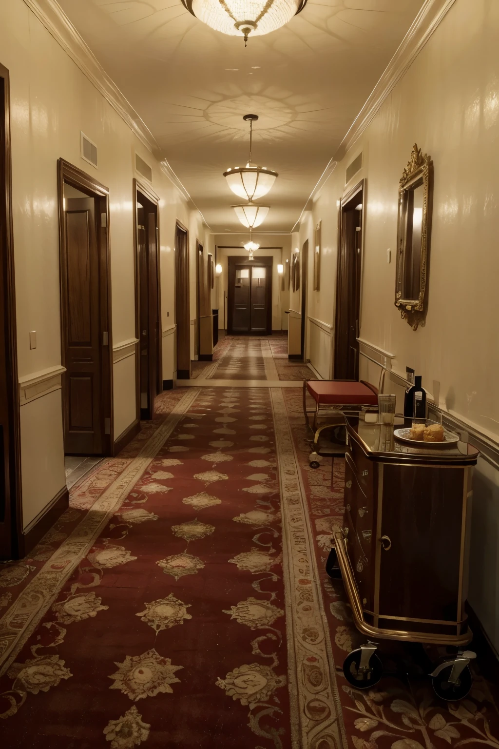 old hotel hallway with red carpet and a tea cart on the right further on