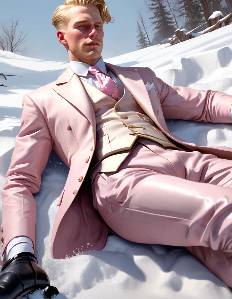 (((A young adult very manly blond russian male soldier laying in a snow wearing russian winter soldier coat uniform and taking slow breaths and moaning as he touches his cock through his pants))), NSFW, erection, ((male masturbation)), sensual, ((in a snowy environment setting)), moaning, ((taking slow breaths as masturbates)), ((a very erotic angle)), ((anatomically well drawn pose with all limbs)), ((he looks very erotic)), ((legs spread as he is laying down)), ((sexy tights pants and thighs)),