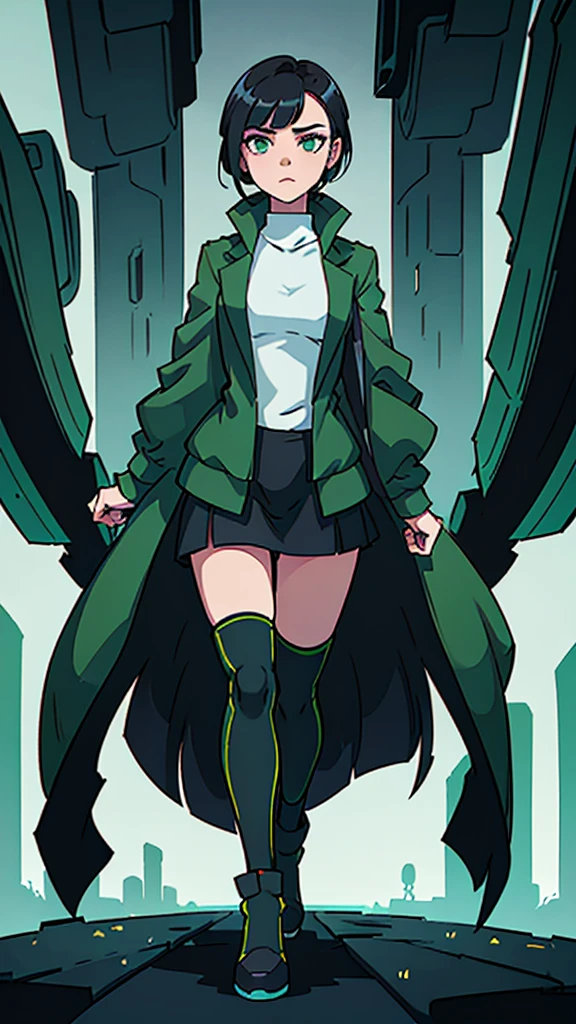 masterpiece, highest quality, (solo focus), (perfect face:1.1), (full body), (high detail:1.1), (hyper-detailed eyes), dramatic, a woman with pale skin and voluminous dark green-black hair, green eyes, solo, two-toned hair, arrogant expression, cybernetic outfit, cyberpunk, art by artgerm, cinematic lighting, fashion, BalenciagaStyle