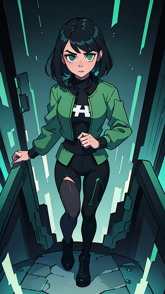 masterpiece, highest quality, (solo focus), (perfect face:1.1), (full body), (high detail:1.1), (hyper-detailed eyes), dramatic, a woman with pale skin and voluminous dark green-black hair, green eyes, solo, two-toned hair, arrogant expression, cybernetic outfit, cyberpunk, art by artgerm, cinematic lighting, fashion, BalenciagaStyle