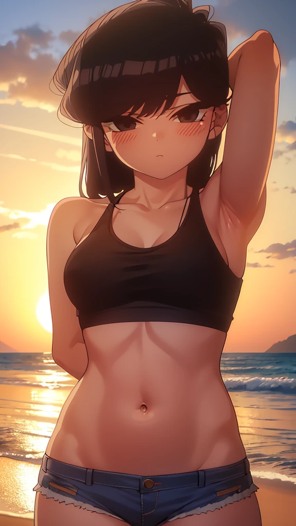 True Face stand alone 5pm Sunset bright from the front straight low length Cowboy Shot Place your arms behind your head Belly button Ocean Beach Show me your armpit hair Beauty blush Tank top Shorts