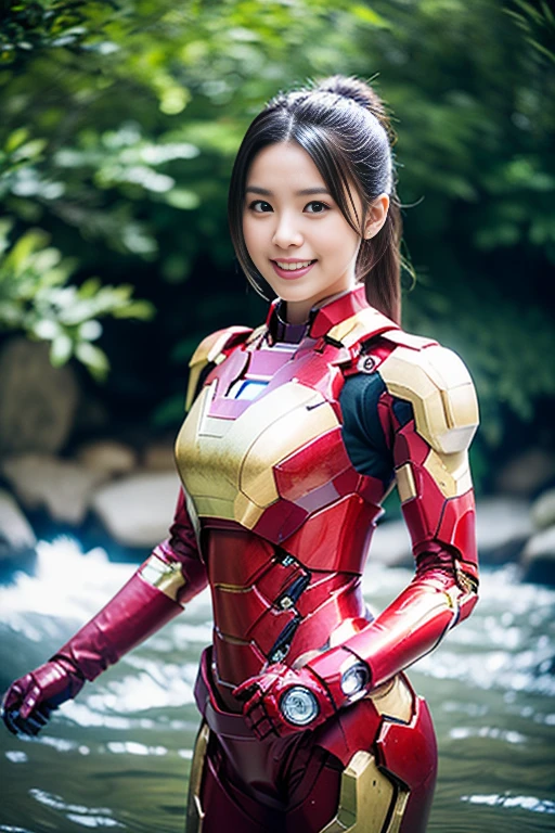 (a gorgeous lady, wearing cosplay of Iron Man MK 7 Suit, Power Pose near waterfall, dimpled smile, short ponytail, cute snaggleooth, beautiful detailed eyes, photorealistic, hyper-realism, high contrast, ultra HD, realistic skin textures, top image quality, top-quality, super high resolution, fine details, very meticulously, the Cowboy shot, bokeh background)