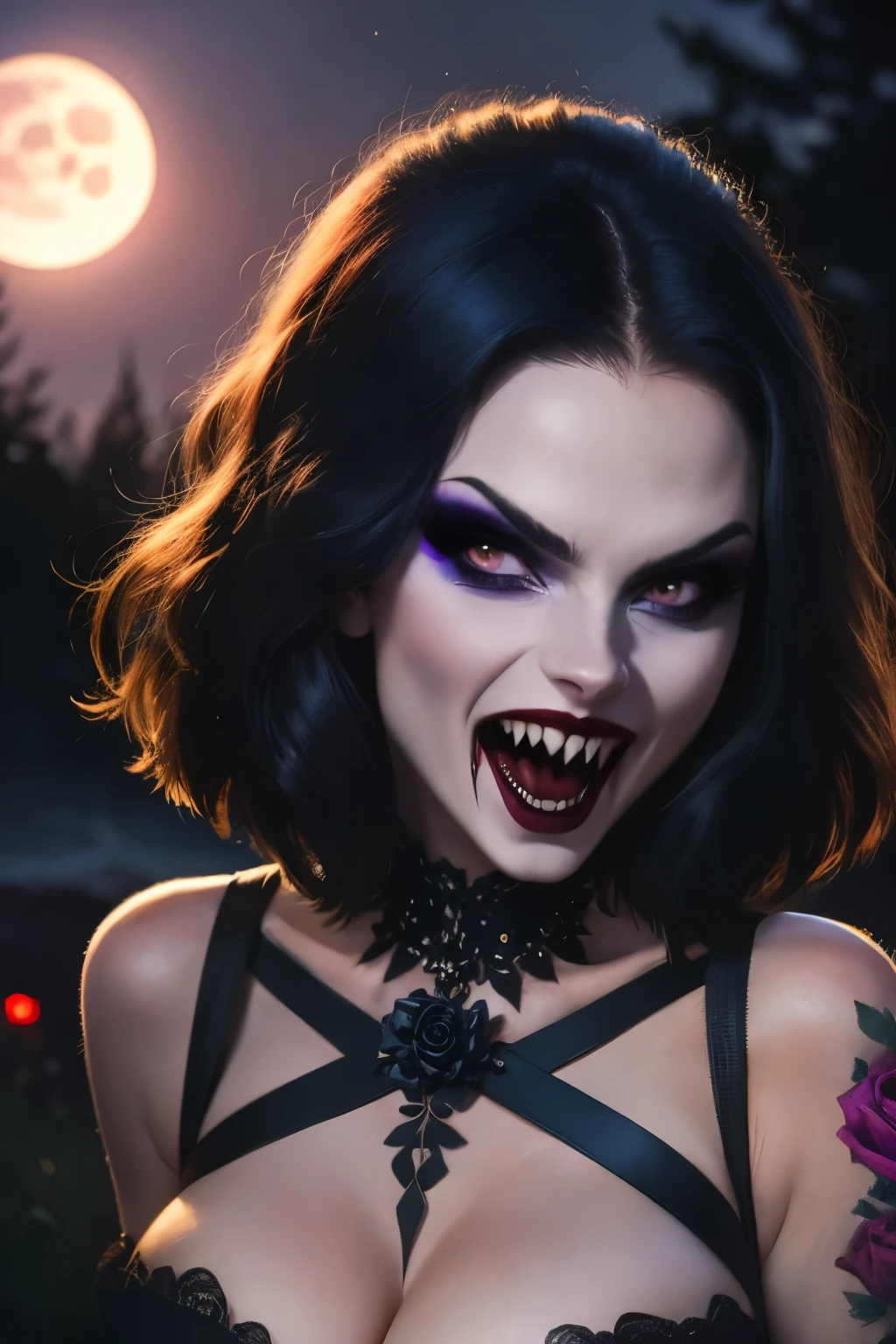 Generate a hyper-realistic image that employs the shallow depth of field technique, Head and sholders portrait to highlight a pretty goth (((vampire))) girl, ((open mouth with vampire canine teeth)) , wearing a gothic dress, ((cut hair with fringe)), tattooed, ((heavy makeup)) , at ((night in a creepy cemitery)) setting, (((under the moonlight))). The girl should be the focal point, with crisp clarity, while the background of the forest should be gently blurred to create a bokeh effect. (((black roses In the foreground))) should be visible but blurred, adding depth to the composition.", adding depth to the composition. Sony Alpha A7R III, macros lens , f/5.6. ((Cinematic purple and pink Lighting)) .