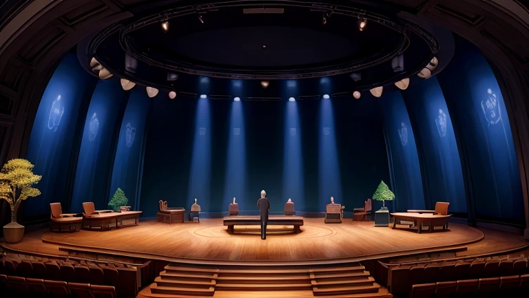 interior of a park with illuminated trees.  there is a wooden stage where there is a man in a suit and tie.  Looking at the stage, there are people applauding, they are standing wearing winter clothes.
